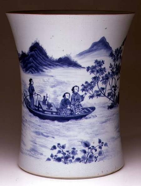 Blue and White Brushpot, painted with ladies in a punt, Chinese,Transitional period de Anonymous