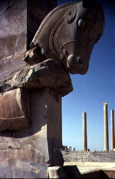 Bull's Headwith a view of the Hall of a Hundred Columns both of the Apadana (audience hall) beyond A de Anonymous