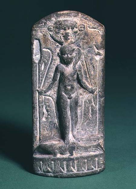 Cippus depicting a nude sun-god Horus on the front, holding sceptres and snakes in both hands and st de Anonymous