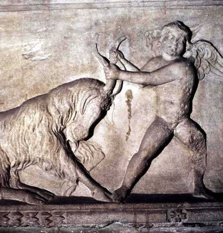 Detail from a Greek sarcophagus from Lydia depicting a putto wrestling with a goat de Anonymous