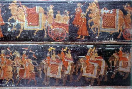 Detail from two painted wood panels depicting processions with soldiers, carriages, oxen and elephan de Anonymous