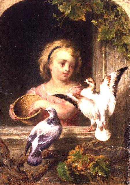 Girl Feeding Pigeons signed G.J.H. de Anonymous