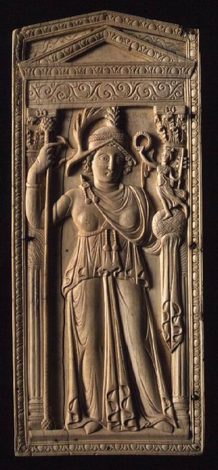 Ivory relief tablet depicting a helmeted Roman goddess holding a sceptre in her right handan orb wit de Anonymous