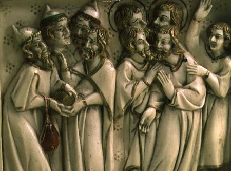 Judas receiving thirty pieces of silver, detail of ivory diptych,French de Anonymous