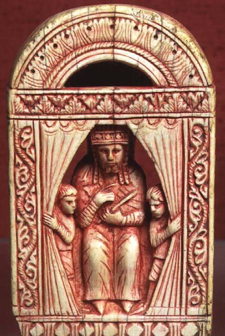 King chess piece, showing an enthroned figure in a curtained alcove with two attendants,Italian de Anonymous