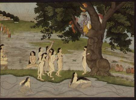 Krishna steals the clothes of Gopies, from the 'Bhagavata purana', Kangra, Himachal Pradesh, Pahari de Anonymous