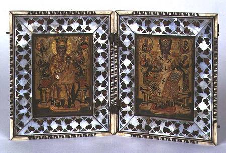 Madonna and Child and Christ Enthroned Byzantine icon with mother-of-pearl and tortoiseshell frame de Anonymous