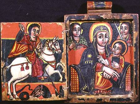 Madonna and child and St.George and the Dragon, double sided diptych (obverse),Ethiopian Coptic icon de Anonymous