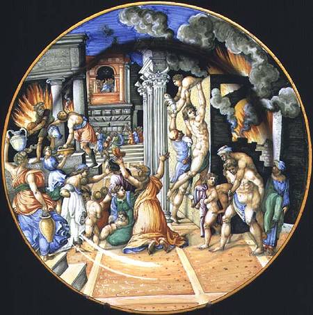 Maiolica plate depicting the burning of Troy with Aeneas carrying his father Anchises on his back wi de Anonymous