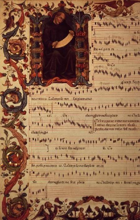 Ms Med. Pal. 87 Page of Musical Notation with historiated initial de Anonymous