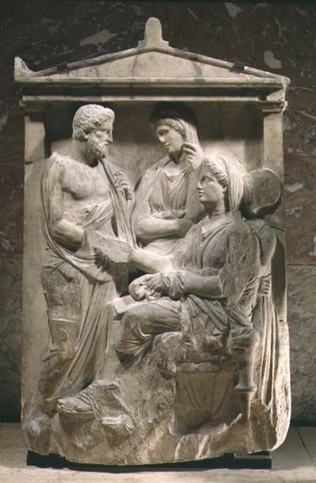 Phainippos and Mnesarete gravestone showing family reunion and hand-shake, Classical Greek de Anonymous