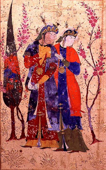Two princesses in a garden landscape, Persian, Bokhara de Anonymous