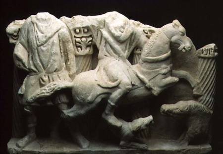 Roman fragmentary relief from a large sarcophagus depicting a boar hunt in high relief de Anonymous
