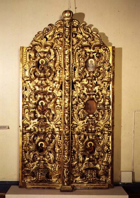Royal Gates, double-folding altar doors on an iconostasis, decorated with small painted icons, Russi de Anonymous
