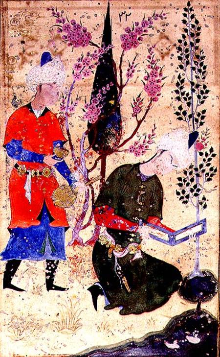A seated prince reading whilst a servant serves wine, Persian, Bokhara School de Anonymous