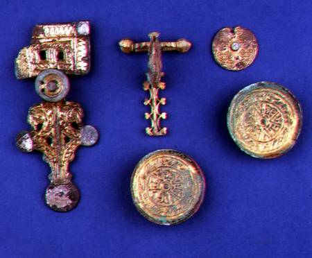Selection of Anglo-Saxon jewellery; gilded bronze brooch; gilded bronze crossbow fibula; gilded copp de Anonymous