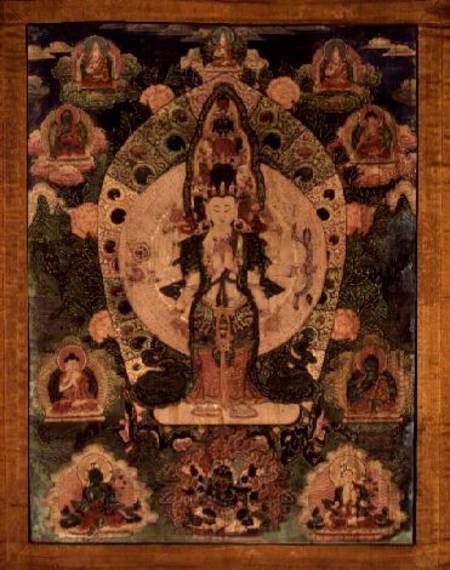 Thangka of Aryavalokiteshvara in 1,000-armed form with ten figures de Anonymous
