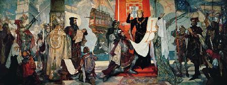 Departure for the Cape, King Manuel I of Portugal blessing Vasco da Gama and his expedition, c.1935