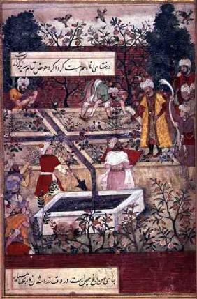 Emperor Babur and his architect plan the Bagh-i-Wafa near Jalalabad, from the 'Baburnama' (the 'Memo