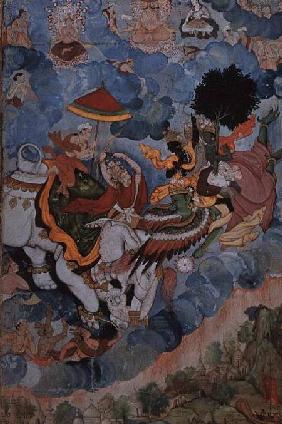 Krishna on the bird Garuda, overcomes Indra on his elephant, from the 'Hariansa' (Krishna's combat w