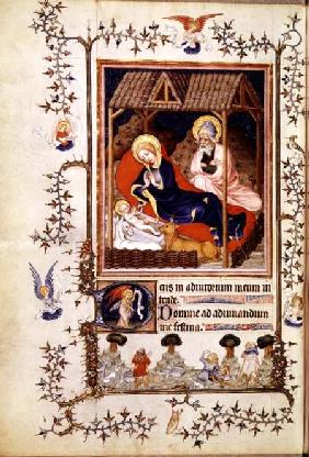 Nouv Lat 3093 f.42 Nativity and Visitation of the shepherds from Duc de Berry's Tres Belle Heures