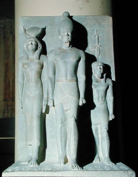 Triad of Menkaure (Mycerinus) with the goddess Hathor and one of the nome deities, taken from the Va de Anonymous