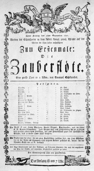 Poster advertising the premiere of 'The Magic Flute' by Wolfgang Amadeus Mozart at the Freihaustheat de Anonymus