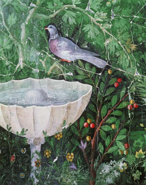 Wall painting of a dove in a garden by a fountain de Anonymus