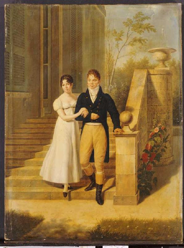 Ein vornehmes Paar auf den Stufen eines Schlosses. de Anthelme Francois Lagrenée