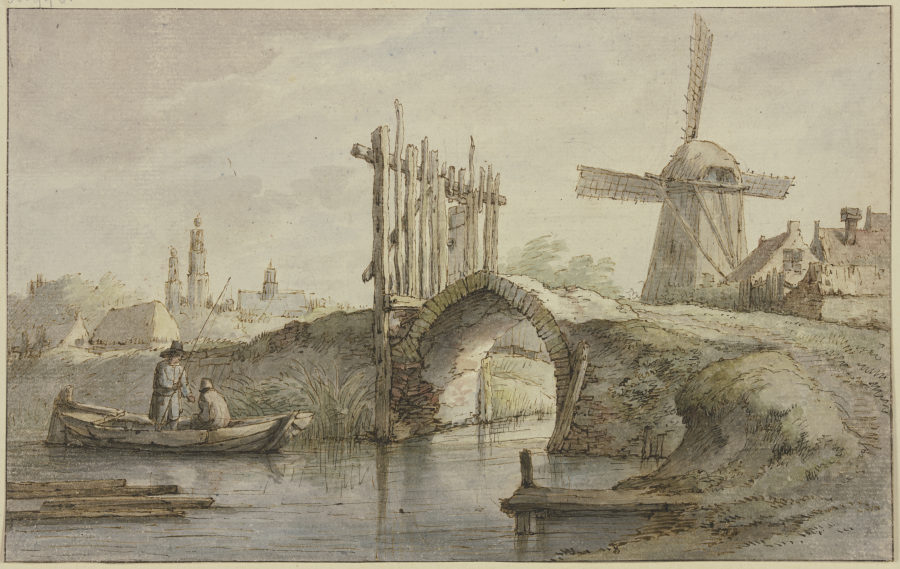 Abgegatterte spitzbogige Kanalbrücke, rechts eine Windmühle, links in einem Kahn zwei Angler de Anthonie van Borssom