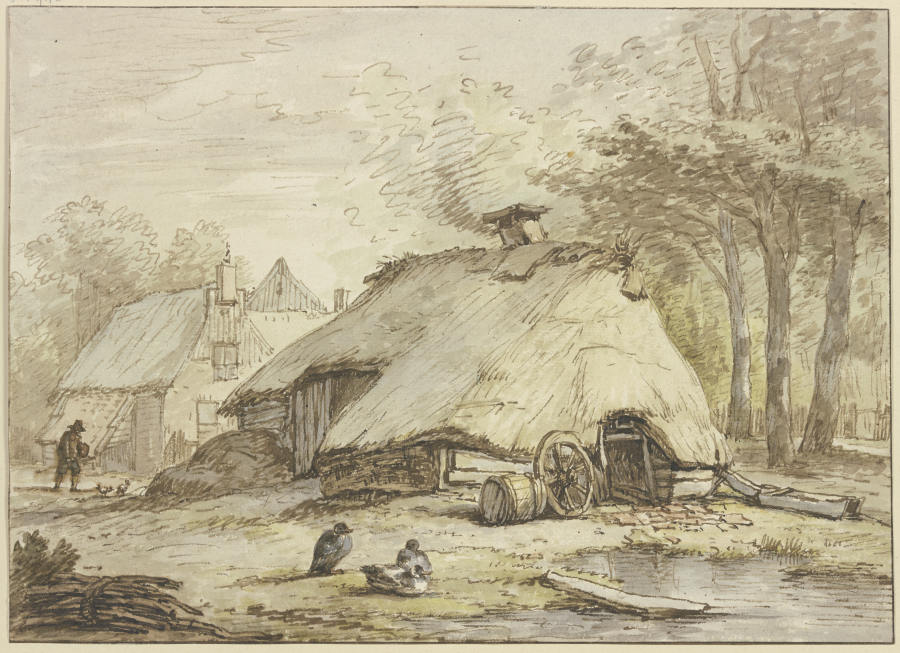 Drei Hütten unter Bäumen, im Vordergrund drei sitzende Enten de Anthonie van Borssom