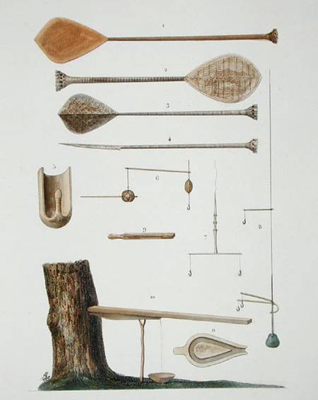 Society Islands: pangas, fishing hooks and other tools, from 'Voyage autour du Monde, executee par O de Antoine Chazal