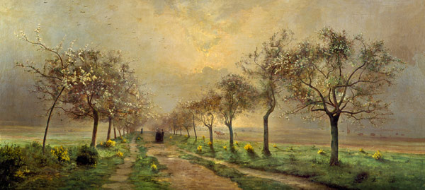 Blossoming fruit-trees in the early morning mist de Antoine Chintreuil