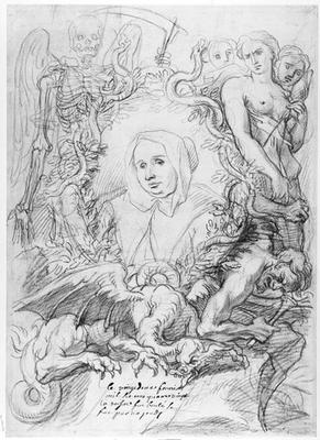 Catherine Monvoisin with the Three Fates on the right and Death on the left (pencil on paper) de Antoine Coypel