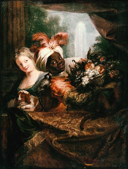 Young Black Man Holding a Basket of Fruit and a Young Girl Stroking a Dog de Antoine Coypel