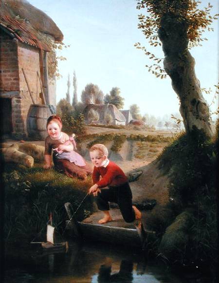 Two children playing with a boat de Antoine de Bruycker