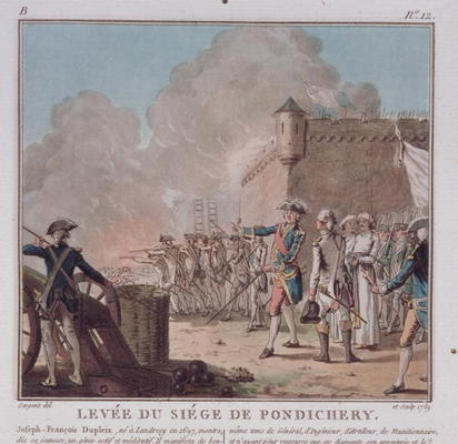 Lifting of the Siege of Pondicherry, 1748, engraved 1789 (colour litho) de Antoine Louis Francois Sergent-Marceau