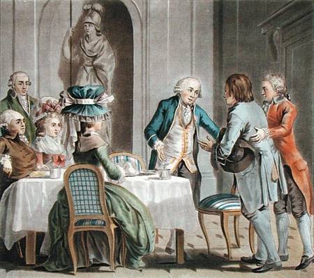 The Comte de Vaux (1705-88) offers food and drink to a farmer, engraved by Jean Baptiste Morret (fl. de Antoine Louis Francois Sergent-Marceau
