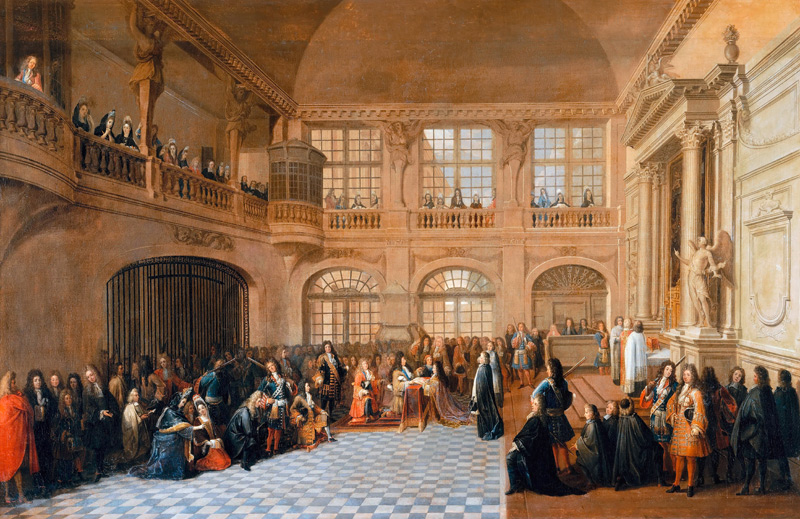 Louis XIV receiving the oath of the Marquis De Dangeau, Grand Master of the Order of Saint Lazare in de Antoine Pezey