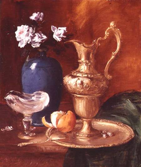 Still life of a gilt ewer, vase of flowers and a facon de Venise bowl de Antoine Vollon