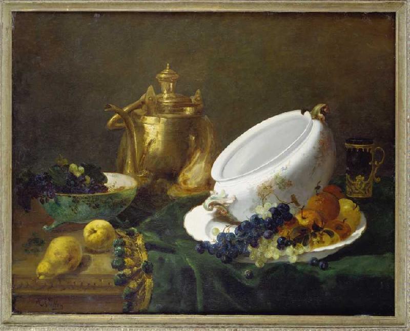 Quiet life with brass can, soup tureen and fruit. de Antoine Vollon