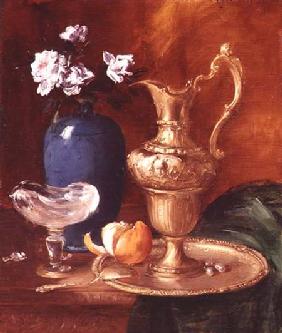 Still life of a gilt ewer, vase of flowers and a facon de Venise bowl