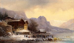 Mountains sea in winter with ice-skaters de Anton Doll