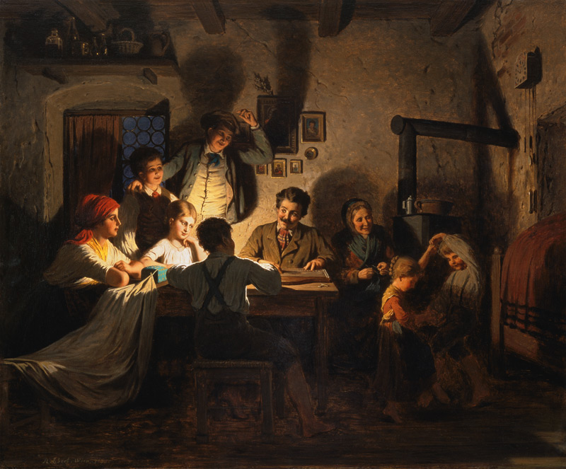 Zither-playing in the evening in the farmhouse par de Anton Ebert