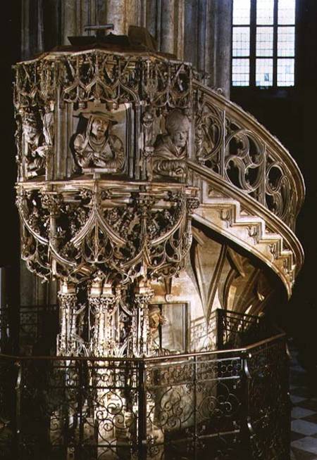 'Pilgram's Pulpit', decorated with busts of the Four Fathers of the Church, theologians representing de Anton  Pilgram