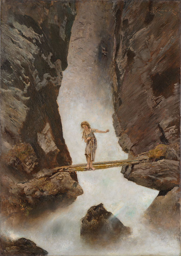 Girl crossing a mountain torrent de Anton Romáko