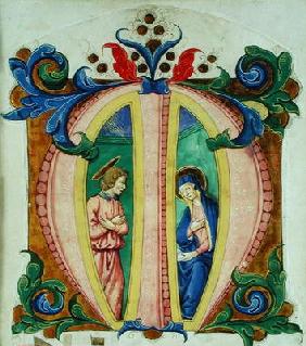 Historiated initial 'M' depicting the Annunciation (vellum)