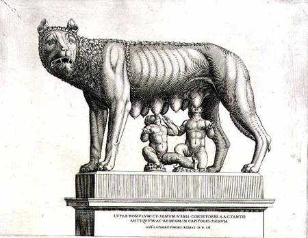 Drawing of the Etruscan bronze of the she-wolf suckling Romulus and Remus, 5th century BC, in the Ca de Antonio Lafreri