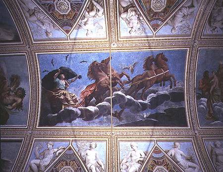 The Personification of Night riding across the sky in a chariot, ceiling painting de Antonio Maria Viani