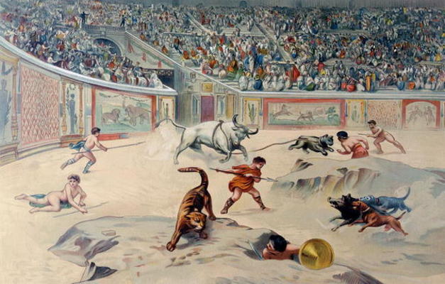 Gladiators Fighting Animals in the circus at Pompeii (colour litho) de Antonio Niccolini